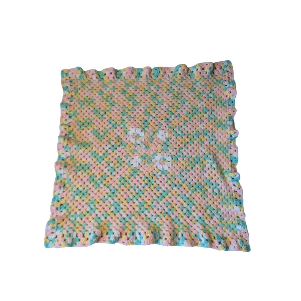 Vintage Crochet Pastel Baby Blanket Ruffle Trim Granny Square Variegated 28x28"